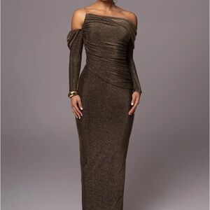 JLUXLABEL Off-Shoulder Long Sleeve Dress in Metallic Brown